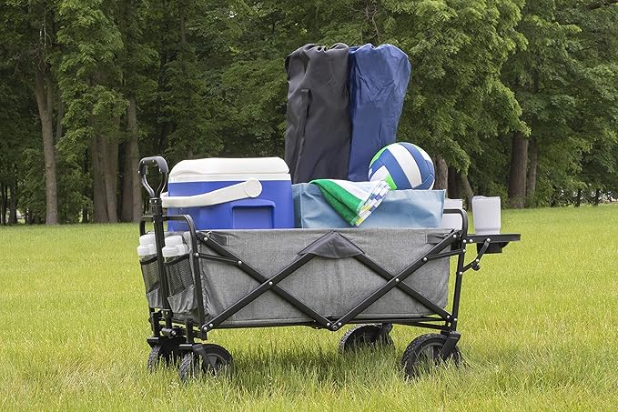 Mac Sports Collapsible Folding Outdoor Utility Wagon (Wagon with Side Table (Utility, Light Grey)