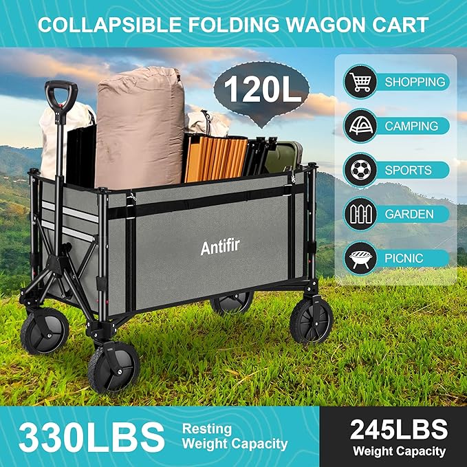 Collapsible Wagon Carts,Folding Wagon Cart with All Terrain Wheels,Heavy Duty Garden Carts with Adjustable Handle,Outdoor Utility Wagon for Camping Shopping Sports Fishing (Gray)