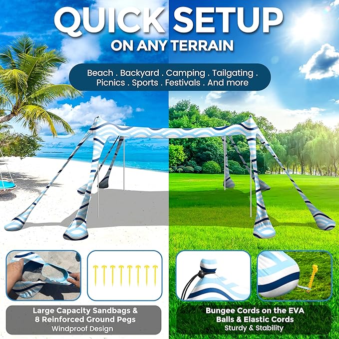 Beach Canopy Beach Tent Pop Up Shade 10x10ft Sun Shelter UPF50+ with 8 Sandbags-2 Sand Shovel-4 Aluminum Poles-Ground Pegs-Portable Carrying Bag for Outdoor Family Camping Fishing Yard Picnic