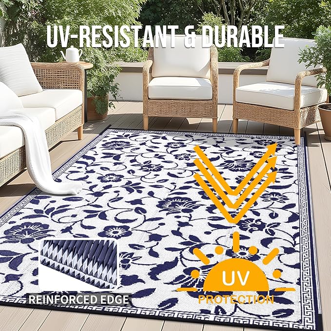 OLANLY Waterproof Outdoor Rug 9x12 ft, Outdoor Plastic Straw Rug with Flower Pattern, Reversible RV Mat for Patio, Camping, Balcony, Deck, Backyard, Navy & White