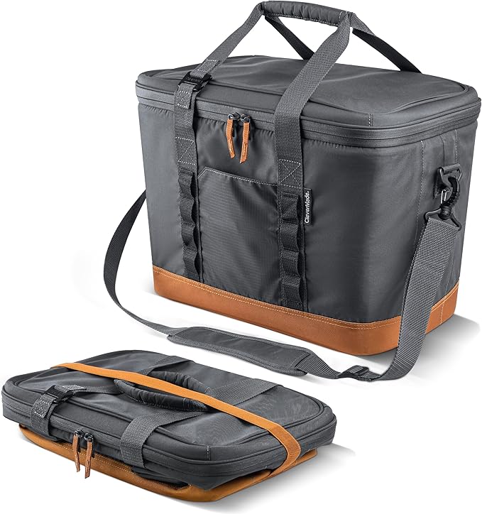 CleverMade Collapsible Cooler Bag, 50 Can Beach & Travel Car Cooler, Folding Soft Cooler, Shoulder Strap, Bottle Opener, Great Car Coolers for Travel, Leak Proof Cooler Bag [Cool Gray/Cognac]