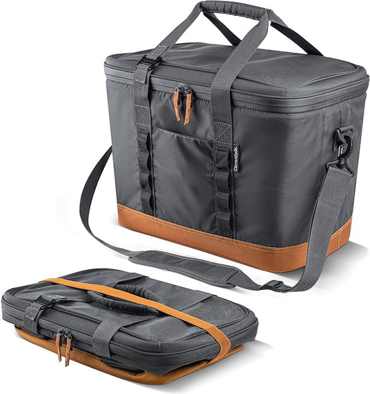 CleverMade Collapsible Cooler Bag, 50 Can Beach & Travel Car Cooler, Folding Soft Cooler, Shoulder Strap, Bottle Opener, Great Car Coolers for Travel, Leak Proof Cooler Bag [Cool Gray/Cognac]