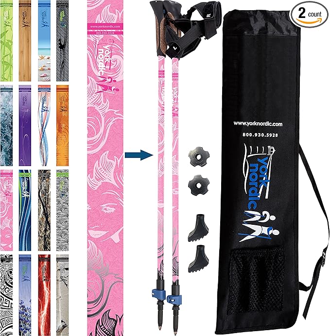 Official Nordic Walking Poles - True Classic Nordic Glove Grips, Lightweight, Adjustable, and Collapsible -2 Pieces w/flip Locks, Detachable Feet and Travel Bag by York Nordic - Heights 5'4"-6'2"