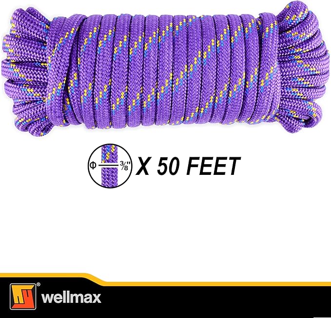 Wellmax Diamond Braid Nylon Rope, 3/8 in X 50 Foot, UV Resistant, High Strength and Weather Resistant - Purple