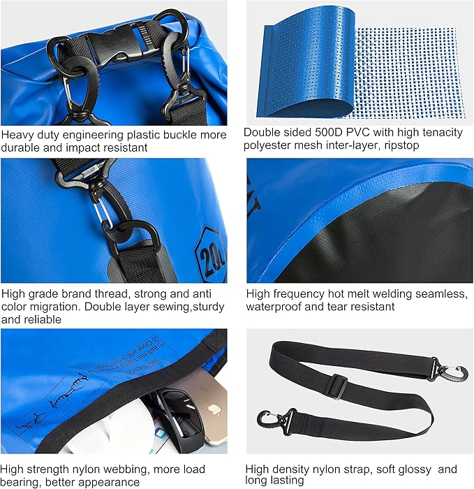 Mountain Land Waterproof Beach Dry Bag 20L Roll Top Backpack Boat Bag Dry Sack for Kayaking Rafting Fishing Hiking Camping Dark Blue