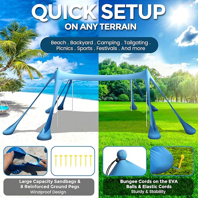 Beach Canopy Beach Tent Pop Up Shade 10x10ft Sun Shelter UPF50+ with 8 Sandbags-2 Sand Shovel-4 Aluminum Poles-Ground Pegs-Portable Carrying Bag for Outdoor Family Camping Fishing Yard Picnic