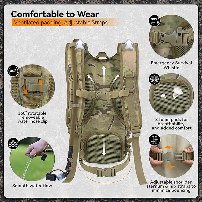 MARCHWAY Tactical Molle Hydration Pack with 2.5L TPU Water Bladder, Compact Yet Spacious Military Backpack for Hiking, Cycling, Backpacking, Hunting, Running