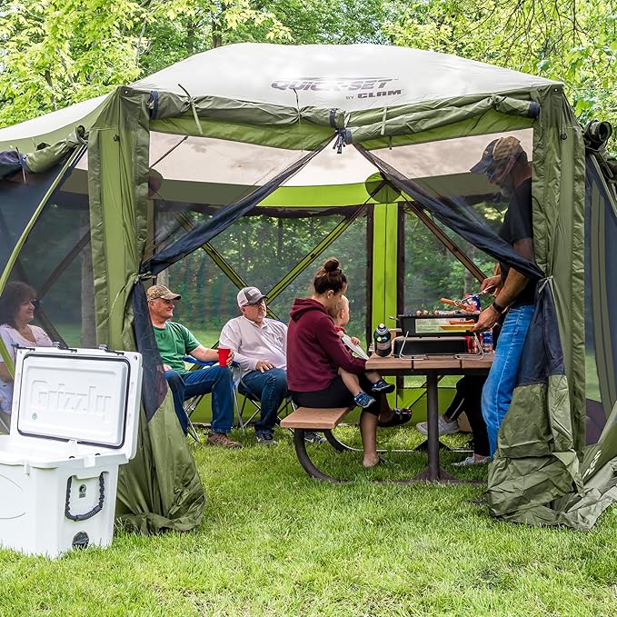CLAM Pop Up Screen Tent, Outdoor Camping Gazebo Canopy, Pavilion, 12.5', Green/Tan