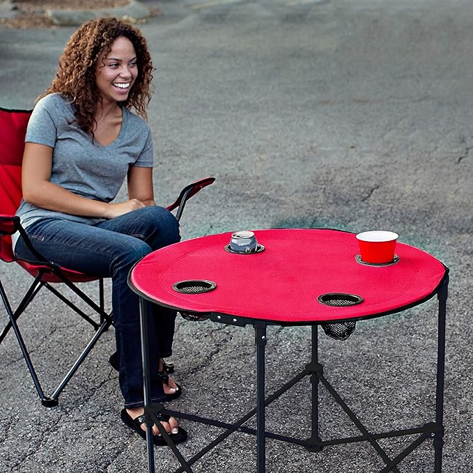 Logo Brands NCAA Ohio State Buckeyes Round Tailgating Table – Portable with Foldable Legs, 4 Cup Holders, Powder-Coated Steel, and 27.6" Surface Diameter, Team Color