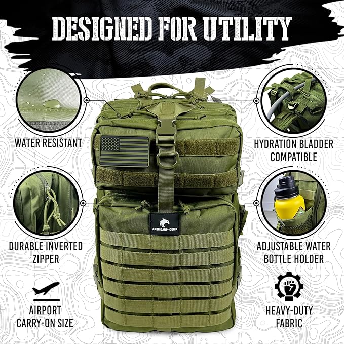45L Elite Tactical Backpack | 3X Stronger Work & Military Backpack | Water Resistant and Heavy Duty | 3 Day MOLLE Bug Out Bag (Olive Green)