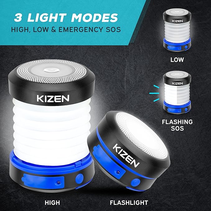 Kizen Solar Camping Lantern Rechargeable - LED Lanterns for Power Outages, Camping Lights, Emergency Flashlight - Collapsible & Rechargeable Lamp with Solar or Plug