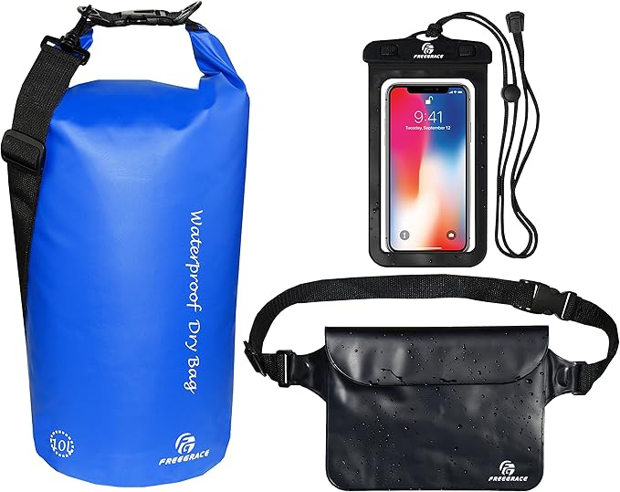 Waterproof Dry Bags Set of 3 Dry Bag with 2 Zip Lock Seals & Detachable Shoulder Strap, Waist Pouch & Phone Case - Can Be Submerged Into Water - for Swimming (Navy Blue, 10L)