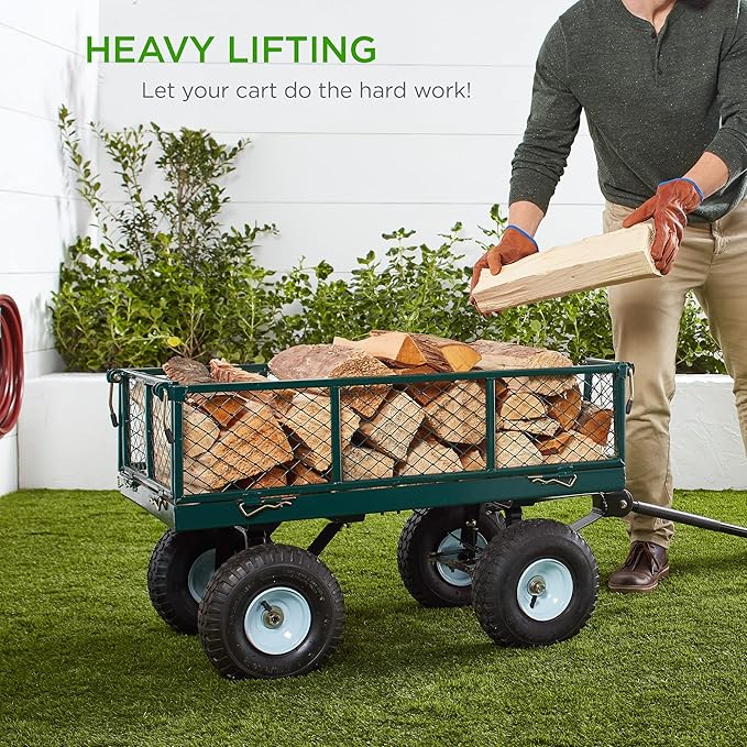 Best Choice Products Utility Garden Cart Wagon for Lawn, Yard w/Heavy-Duty Steel 400lb Weight Capacity, Removable Sides, Long Handle, 10in Tires - Green