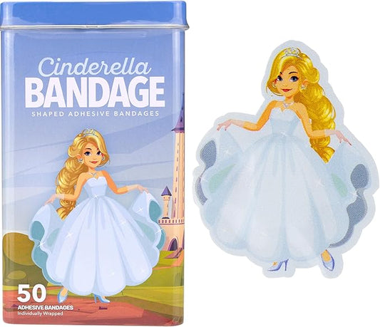 BioSwiss Bandages, Princess Cinderella Shaped Self Adhesive Bandage, Latex Free Sterile Wound Care, Fun First Aid Kit Supplies for Kids and Adults, 50 Count