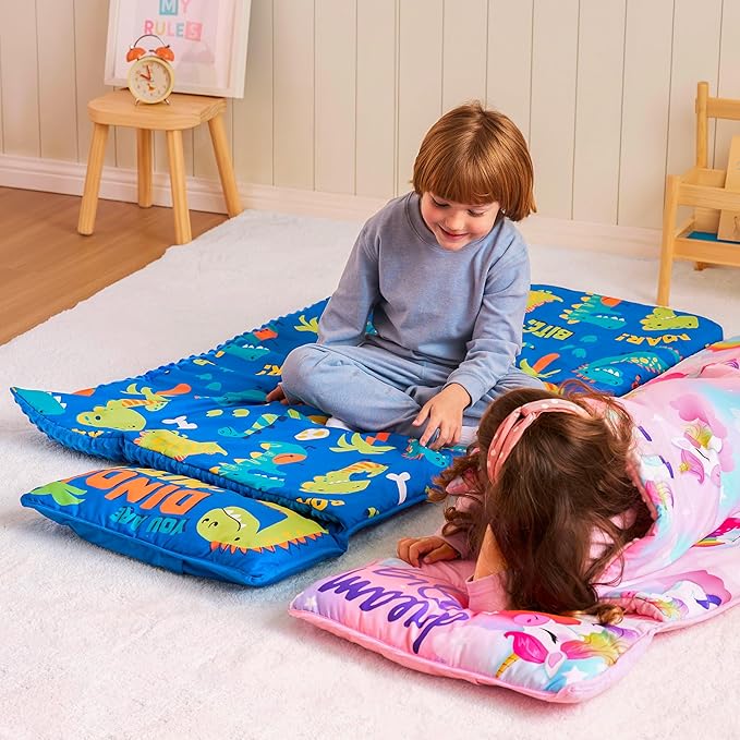 JOIEDOMI Toddler Nap Mat for Preschool 55''x30'' Sleeping Mat with Removable Pillow and Minky Blanket for Kids Ages 3-7 Roll Up Soft Kids Sleeping Bag for Boys Girls Kindergarten Daycare Sleepover