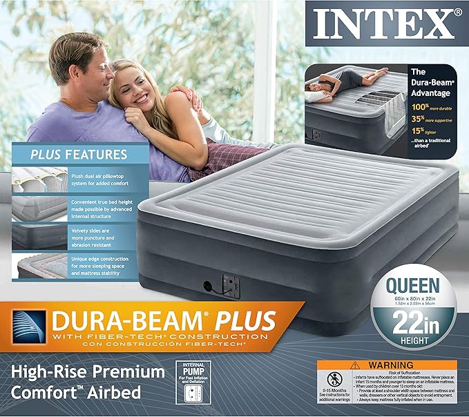 Intex Comfort Dura-Beam Airbed Internal Electric Pump Bed Height Elevated (2020 Model)