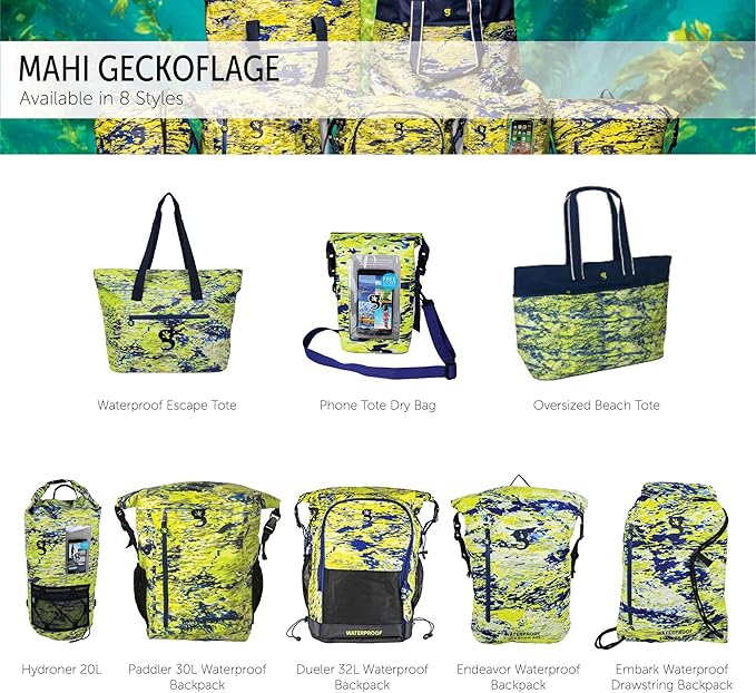 geckobrands Hydroner 20L Waterproof Dry Bag Backpack, Mahi geckoflage - Lightweight Travel Bag with Clear Phone Pouch