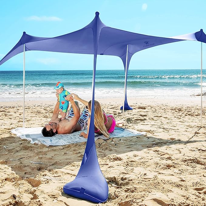 SUN NINJA Pop Up Beach Tent Sun Shelter UPF50+ with Sand Shovel, Ground Pegs and Stability Poles, Outdoor Shade for Camping Trips, Fishing, Backyard Fun or Picnics (7x7.5 FT 4 Pole, Royal Blue)