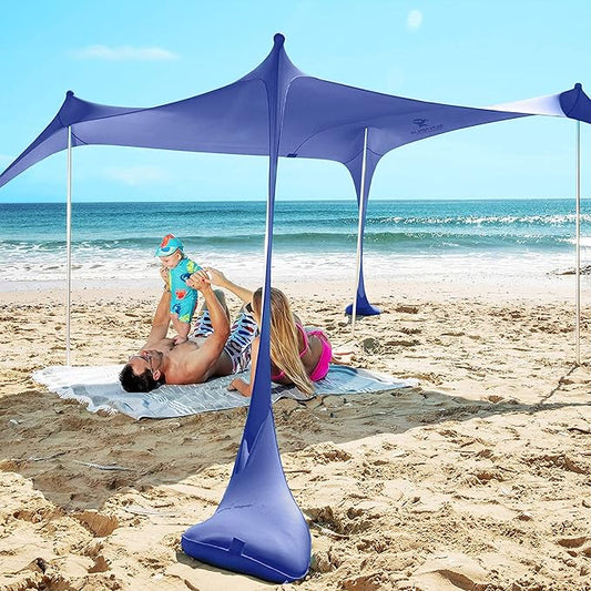 SUN NINJA Pop Up Beach Tent Sun Shelter UPF50+ with Sand Shovel, Ground Pegs and Stability Poles, Outdoor Shade for Camping Trips, Fishing, Backyard Fun or Picnics (7x7.5 FT 4 Pole, Royal Blue)