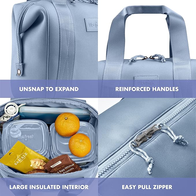 Fit & Fresh Neoprene Lunch Bag For Women, Insulated Womens Lunch Bag For Work, Tear & Stain Resistant Large Lunch Box For Women With Containers and Ice, Machine Washable Remi Lunch Bag, Slate Blue