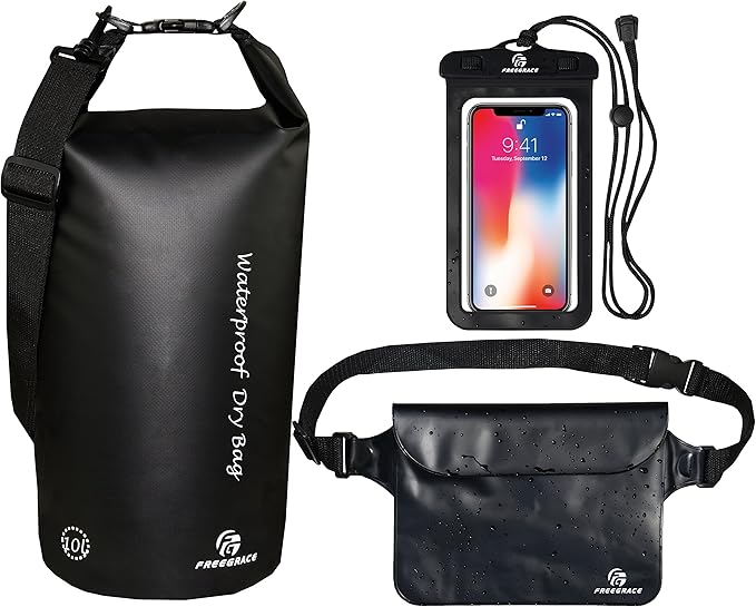Waterproof Dry Bags Set of 3 Dry Bag with 2 Zip Lock Seals & Detachable Shoulder Strap, Waist Pouch & Phone Case - Can Be Submerged Into Water (Black, 20L)