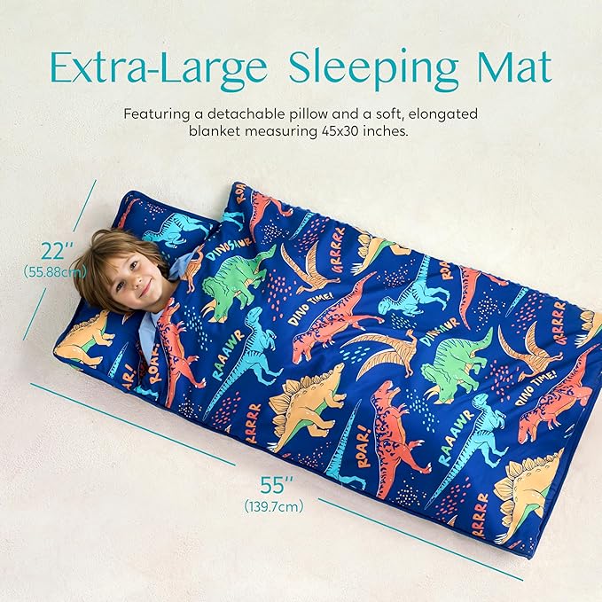 JOIEDOMI Toddler Nap Mat for Preschool 55''x30'' Sleeping Mat with Removable Pillow and Minky Blanket for Kids Ages 3-7 Roll Up Soft Kids Sleeping Bag for Boys Girls Kindergarten Daycare Sleepover