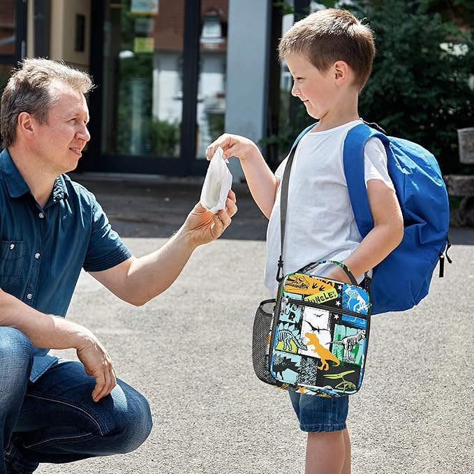 Clastyle Black Dinosaur Insulated Lunch Bag for Kids, Portable Large Thermal Cooler Lunch Bag for Boys, School Lunch Box Bag with Bottle Holder