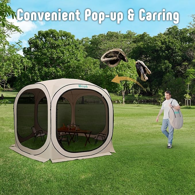 Pop Up Screen Tent Canopy, Portable Screen Canopy with Mosquito Net, Outdoor Screen Room Tent 12 x12 FT with Carry Bag for Lawn & Garden, Parties，Beige