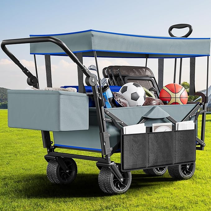 YITAHOME Large Collapsible Garden Cart w/Removable Canopy, Heavy Duty Outdoor Foldable Garden Cart w/Rear Storage and Flexible Swivel Wheels for Shopping, Picnic, Camping, Sports,Grey