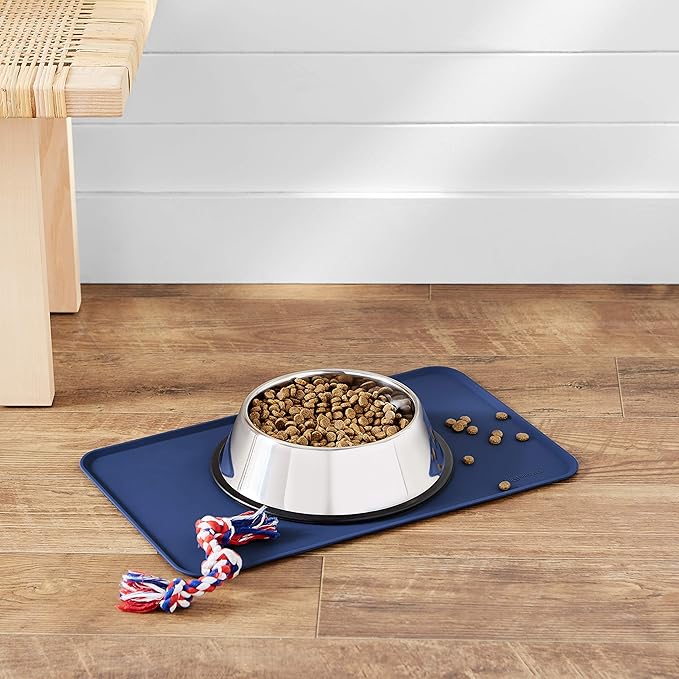 Amazon Basics Waterproof Anti-Slip Silicone Cat & Dog Food Mat, Pet Mats with Raised Edges for Food and Water Bowl to Protect Floors, 18.5 x 11.5 Inches, Blue, Solid