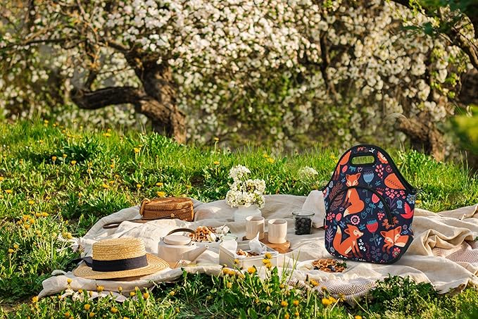 Violet Mist Neoprene Thermal Insulated Resuable Lunch Bag Tote Large with Extra Pocket Detachable Adjustable Shoulder Cute Fox Animal Cartoon Lunchbox Food Handbags Container for Women Christmas