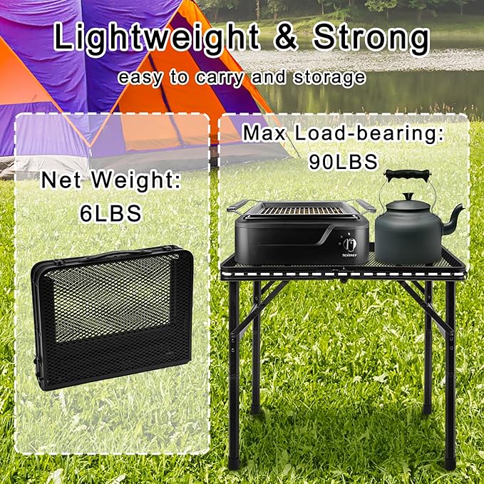 jkwokback Grill Table Camping Table Portable Folding Table Outdoor Picnic Table,Height Adjustable Collapsible Table with Mesh Desktop,Lightweight Metal Foldable Table for Camp BBQ Picnic RV