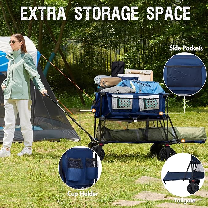 PORTAL 400L Collapsible Double Decker Wagon, Folding Wagon Cart with Tailgate, Beach Wagon with Big Wheels, 450LB Heavy Duty Foldable Wagon, Large Capacity Wagon for Camping, Sports, Garden, Baseball