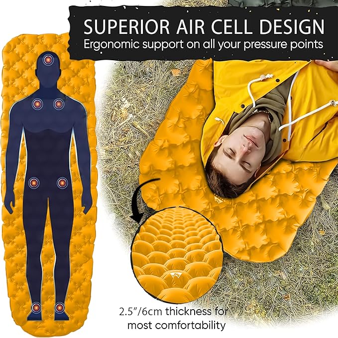 WELLAX Ultralight Air Sleeping Pad - Inflatable Sleeping Mat, Ultimate Airpad for Backpacking, Traveling, Camping and Hiking - Repair Kit, Carry Bag, Compact Air Mattress