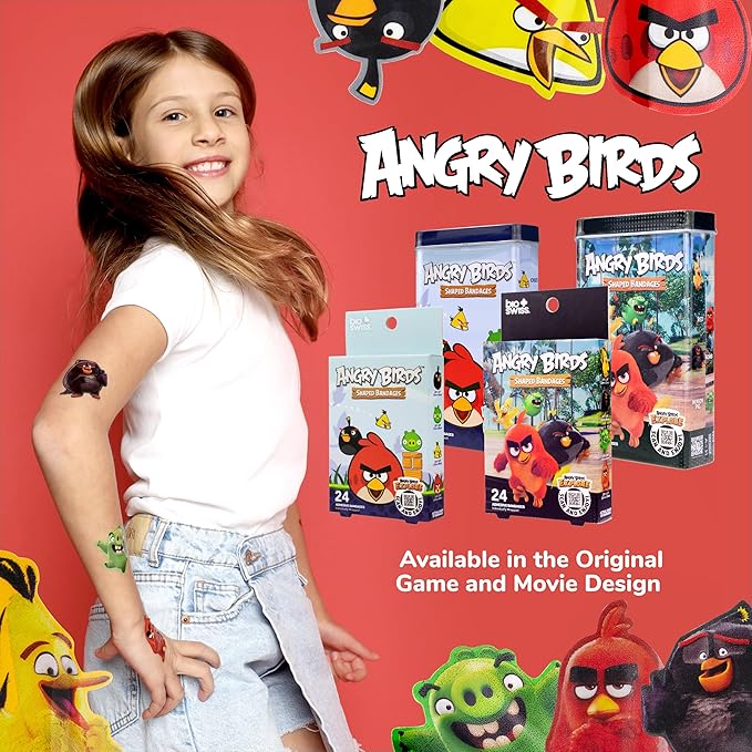 BioSwiss Bandages, Angry Birds Movie Shaped Self Adhesive Bandage, Latex Free Sterile Wound Care, Fun First Aid Kit Supplies for Kids and Adults, 50 Count