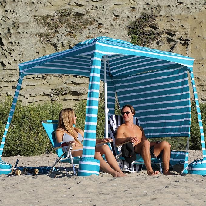 AMMSUN Beach Cabana, 6.2'×6.2' Beach Canopy, Easy Set up and Take Down, Cabana Tent with Sand Pockets, Instant Sun Shade with Side Wall, Turquoise