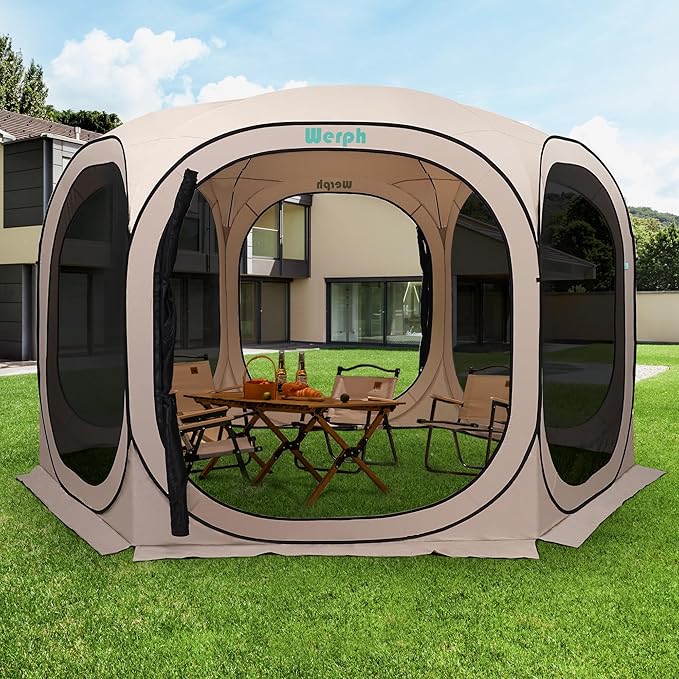 Pop Up Screen Tent Canopy, Portable Screen Canopy with Mosquito Net, Outdoor Screen Room Tent 12 x12 FT with Carry Bag for Lawn & Garden, Parties，Beige