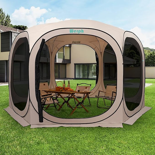 Pop Up Screen Tent Canopy, Portable Screen Canopy with Mosquito Net, Outdoor Screen Room Tent 12 x12 FT with Carry Bag for Lawn & Garden, Parties，Beige