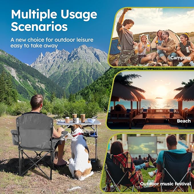 ALPHA CAMP Camping Chair 2 Pack Portable Chair with 3-Can Cooler Folding Chair with Side Pocket and Cup Holder, Collapsible for Camping, Tailgates, Beach, Fishing and Sports,2PC