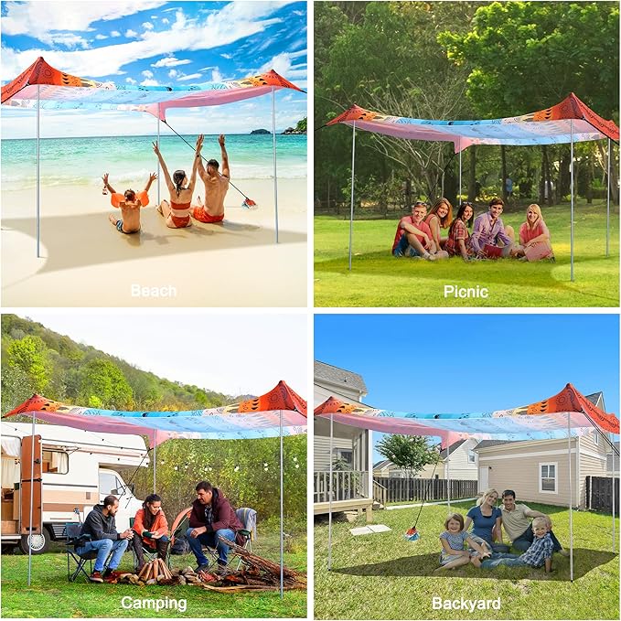 Beach Tent, Beach Canopy Sun Shade Sail UPF 50+, Portable 10×10 FT Camping Sun Shelter with Sandbags, Poles, Ground Pegs and Anti-Wind Ropes for Outdoor, Backyard, Picnics, Sport, Fishing