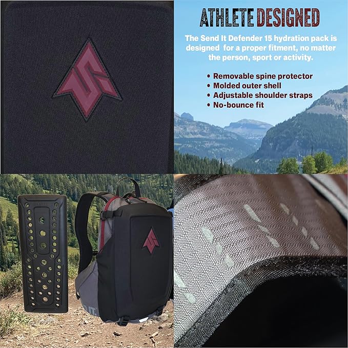 Send It Defender 15 Hydration Backpack - MTB, Moto Bag with Spine Protector for Men and Women. 15L Capacity Mountain Bike Hydration Pack - Mountain Bike Protective Gear – Adjustable Fit for Everyone