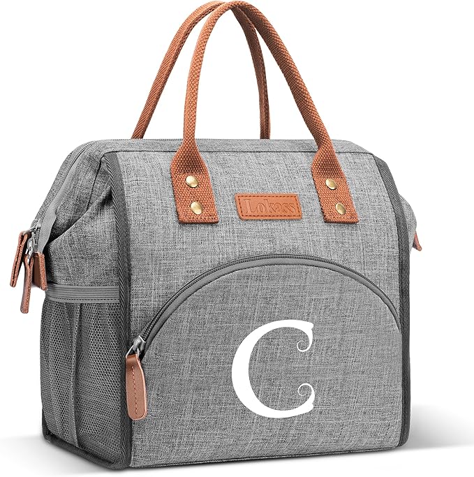 Initial Lunch Bag Women Insulated Lunch Box Wide-Open Lunch Tote Bag Large Drinks Holder Durable Nylon Thermal Snacks Organizer for Work, Travel, Picnic Personalized Gifts for Women/Teacher