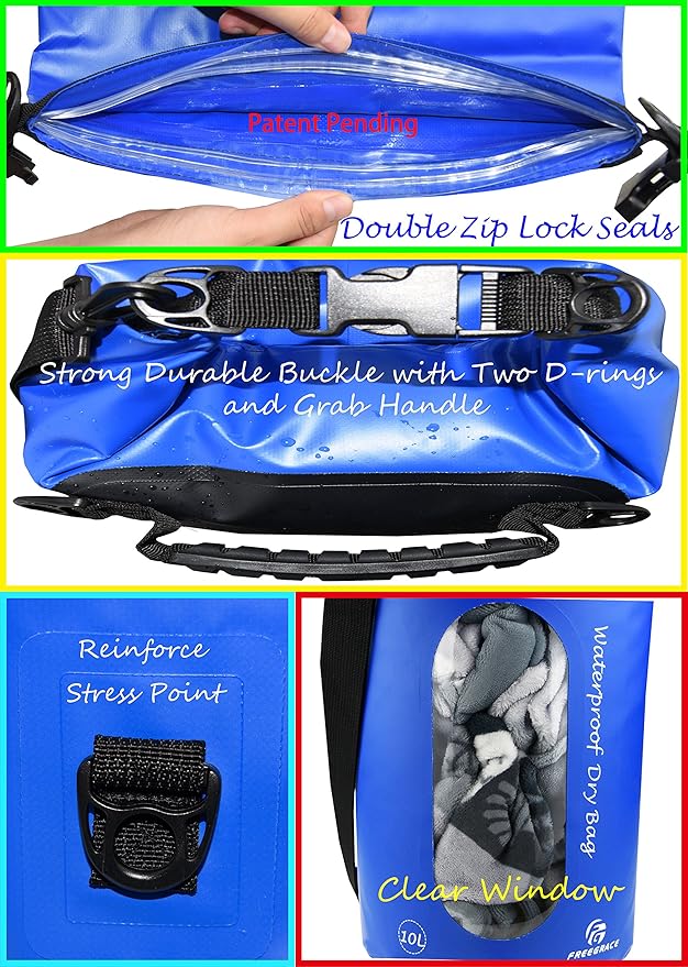 Waterproof Dry Bags Set of 3 Dry Bag with 2 Zip Lock Seals & Detachable Shoulder Strap, Waist Pouch & Phone Case - Can Be Submerged Into Water - for Swimming (Navy Blue(Window), 20L)