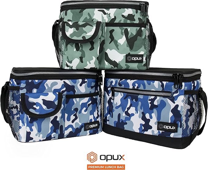 opux Insulated Lunch Bag for Men Women, Leakproof Camo Green Lunch Box for Work, Portable Soft Lunch Cooler Bag with Shoulder Strap, Adult Lunchbox Lunch Pail for Kid Boy Girl School, 14 Can/8L