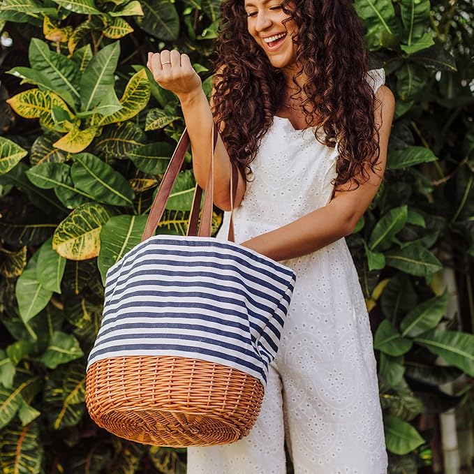 PICNIC TIME Coronado Canvas and Willow Basket Tote, Picnic Tote Bag, Beach Tote