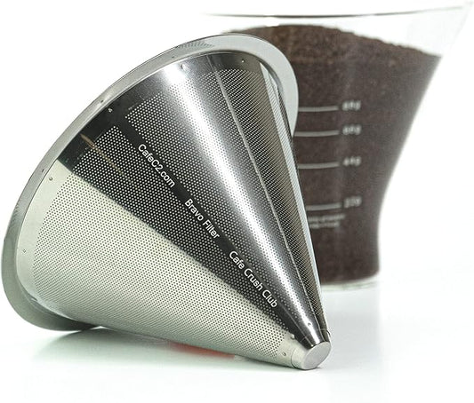 Reusable Coffee Filter for Pour Over Coffee Maker | Dual Layered Pour Over Mesh Filter with Glass Rest | Stainless Steel Coffee Filter & Glass Measuring Cup