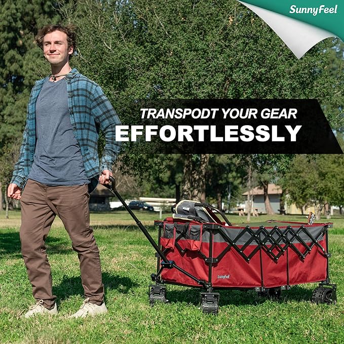 SunnyFeel 49''L 550lbs Heavy Duty Wagon Cart Foldable with Wheels,Extra Long Fold Up Wagons Carts with Side Pocket and Brakes for Camping Sports Garden Shopping (Red)
