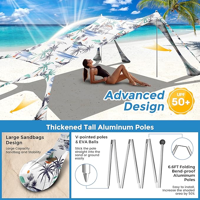 Beach Canopy Beach Tent Pop Up Shade 10x10ft Sun Shelter UPF50+ with 8 Sandbags-2 Sand Shovel-4 Aluminum Poles-Ground Pegs-Portable Carrying Bag for Outdoor Family Camping Fishing Yard Picnic