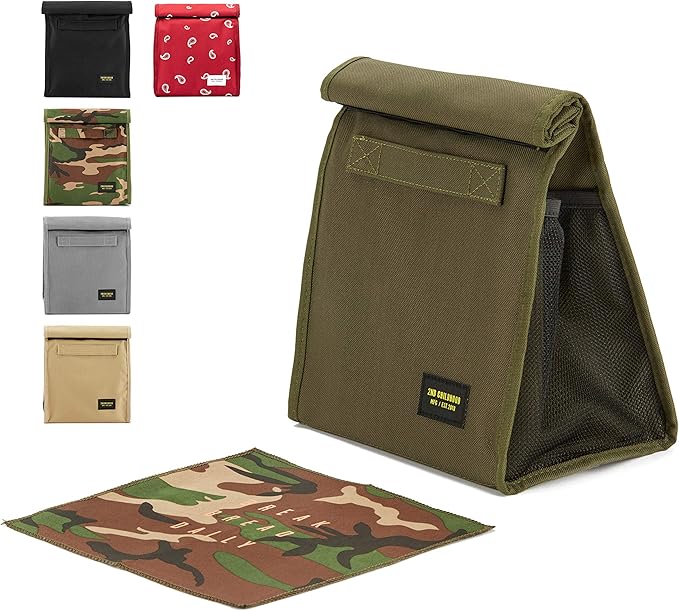 Insulated Lunch Bag for Men and Women; Rolltop Lunch Box with 2 Side Mesh Pockets and 1 Exteral Slip Pocket (Olive)