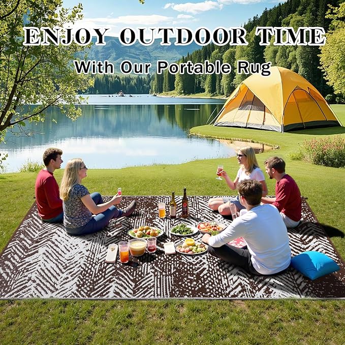 Outdoor Patio Rug 5x8 Brown, Waterproof Modern Reversible Outdoor Plastic Straw Rugs RV Camping Mat UV-Resistant Outside Carpet Portable Area Mats for Garden Balcony Deck Picnic Beach